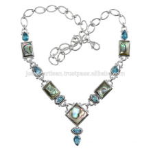 Abalone Shell e Blue Topaz Gemstone Handmade 925 Solid Silver Necklace